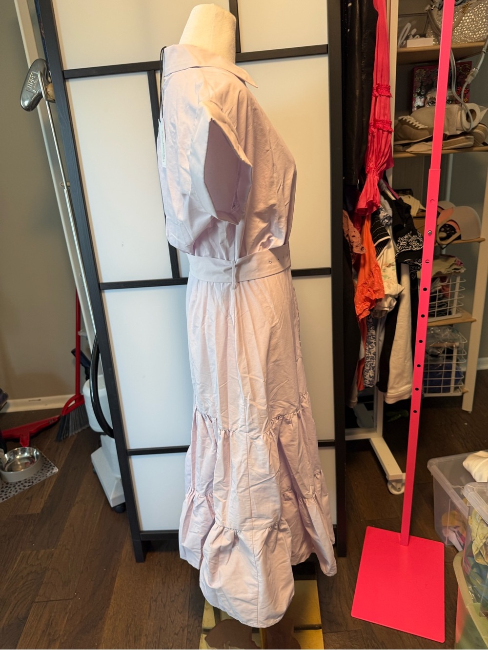 LENU Belted Tiered Shirt Midi Dress NWT | Size Large | Lavender | Designer - Picture 6 of 7